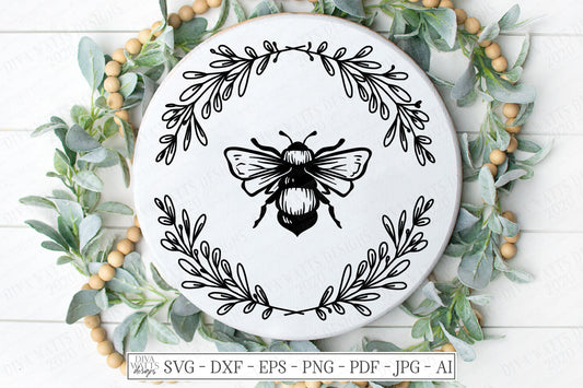 SVG | Bee Wreath | Cutting File | Farmhouse Rustic Spring Summer Sign | Round Circle | Vinyl Stencil HTV | Bumble Bee | Bees | dxf eps jpg