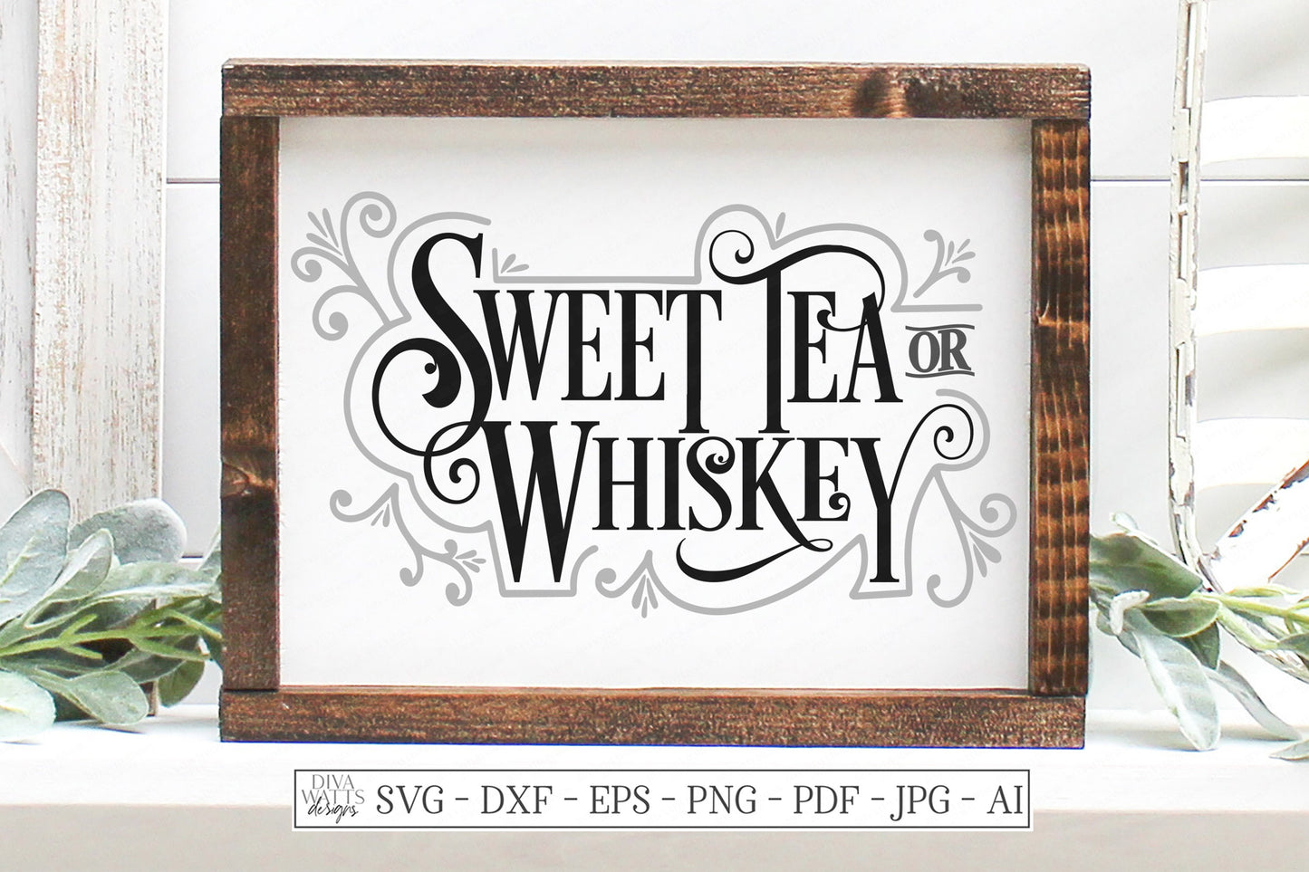SVG | Sweet Tea Or Whiskey | Cutting File | Farmhouse Rustic Ornate Southern Kitchen Sign | Vinyl Stencil HTV | dxf eps jpg | South Vintage