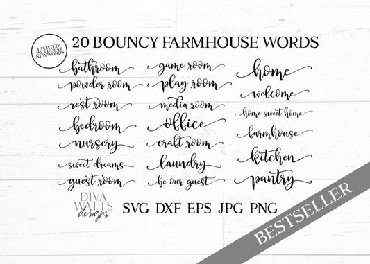 SVG Farmhouse Words Bundle of 20 | Cutting Files | Updated | Bouncy Font with Tails | DXF PNG jpg eps | Vinyl Stencil htv | Signs Sign Set