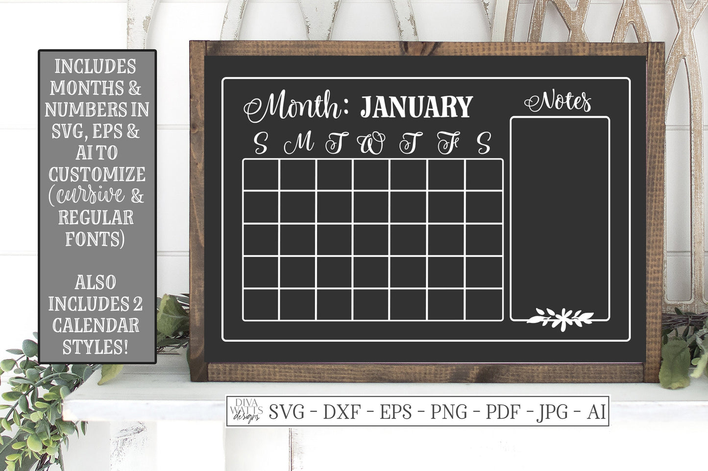 SVG | Monthly Calendar Cutting File | Farmhouse Sign | Months Numbers | Customize Personalize | Notes | Print | Vinyl Stencil HTV | DXF eps