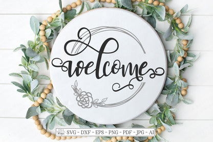 SVG | Welcome | Cutting File | Farmhouse Split Vine Wreath with Rose | Vinyl Stencil HTV | Front Door Sign | Vinyl Stencil HTV Swirly Script