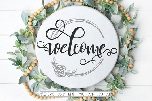 SVG | Welcome | Cutting File | Farmhouse Split Vine Wreath with Rose | Vinyl Stencil HTV | Front Door Sign | Vinyl Stencil HTV Swirly Script