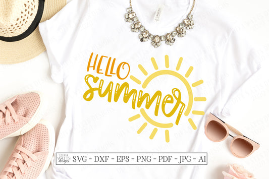SVG | Hello Summer | Cutting File | Sun Sunshine | Vacation | Beach | Cricut Silhouette | Sign Shirt Tote | Vinyl Stencil HTV | dxf eps png