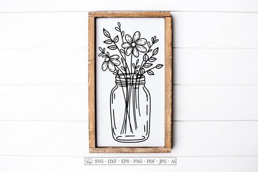 SVG | Mason Jar Daisy Bouquet | Cutting File | Farmhouse Rustic Vintage Floral | Daisies Wildflowers | Vinyl Stencil HTV | Pillow Sign dxf