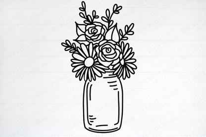 SVG | Roses & Dasies Bouquet In Mason Jar | Cutting File | Farmhouse Rustic Sign | Wall Art Decor | Vinyl Stencil HTV | dxf eps | Pillow