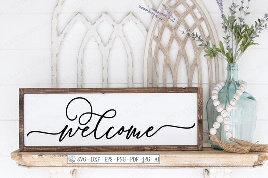 SVG | Welcome | Cutting File | Farmhouse Bouncy Script with Tail | Front Porch Wreath Circle | Vinyl Stencil HTV | DXF | Round | Rectangle