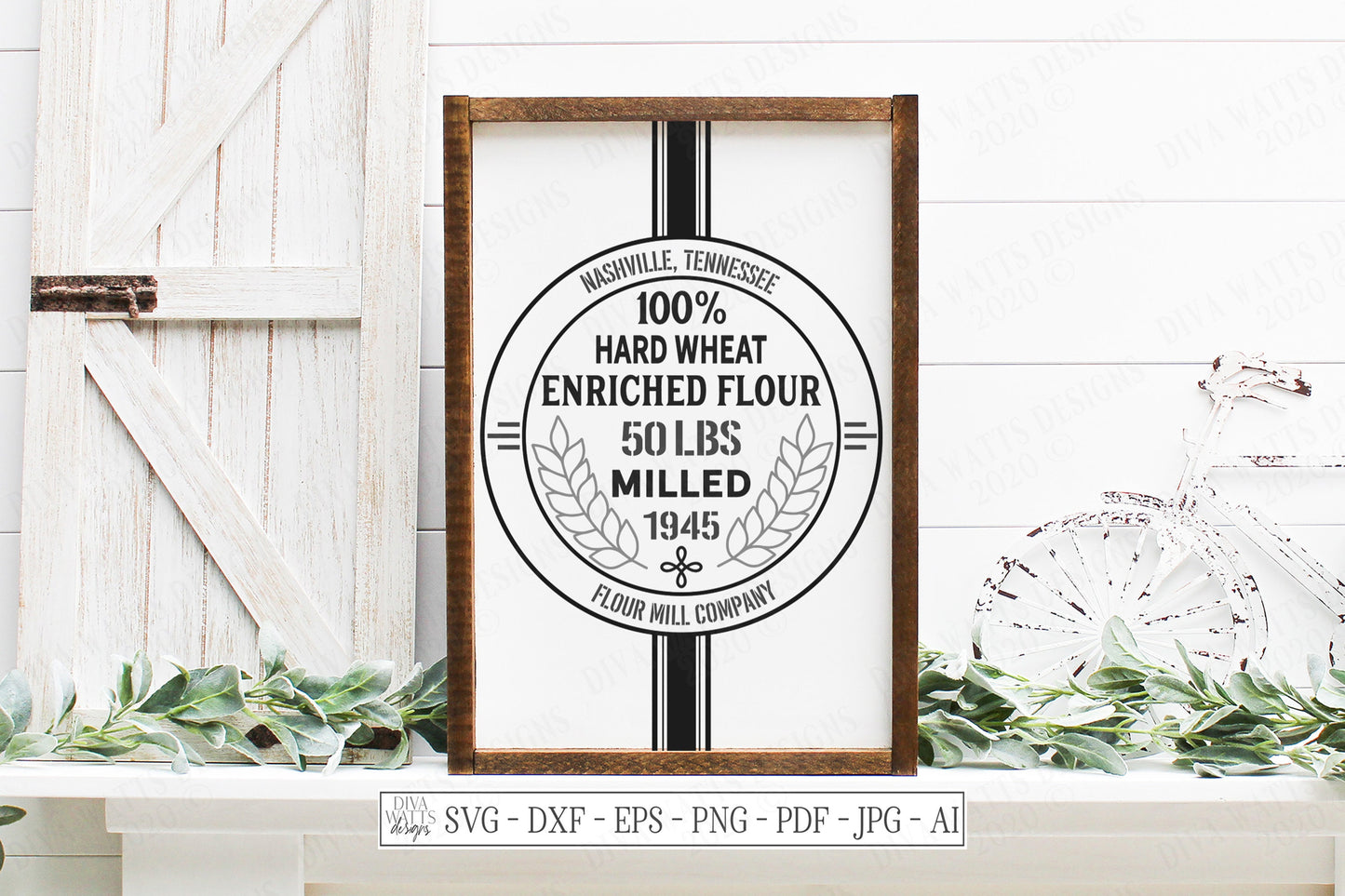 SVG | Vintage Grain Sack | Cutting File | Flour Mill Company Wheat | Vinyl Stencil HTV | Ticking Stripes | Farmhouse Kitchen Sign | dxf eps