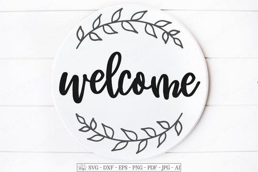 SVG | Welcome | Cutting File | Wreath | Round Circle Sign | Vinyl Stencil HTV | Greeting | Hello | Front Door | Porch | Leaves Greenery DXF