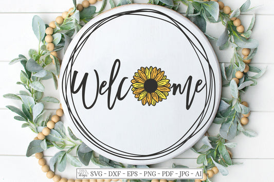 SVG | Welcome Sunflower | Cutting File | Modern Farmhouse Wreath Sign | Front Porch Entry Door | Vinyl Stencil HTV | Round | dxf eps png pdf