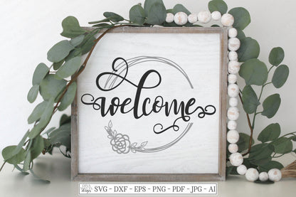 SVG | Welcome | Cutting File | Farmhouse Split Vine Wreath with Rose | Vinyl Stencil HTV | Front Door Sign | Vinyl Stencil HTV Swirly Script