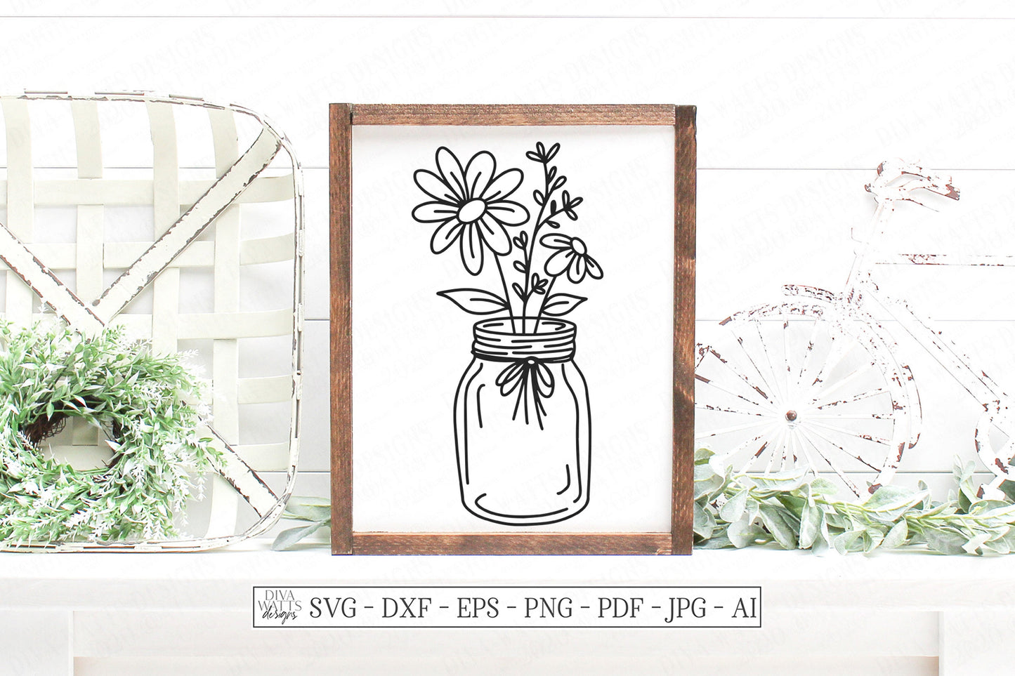 SVG | Simple Daisy Arrangement | Cutting File | Mason Jar Flowers Wildflowers Daisies | Vinyl Stencil htv | Farmhouse Sign Art | dxf eps jpg