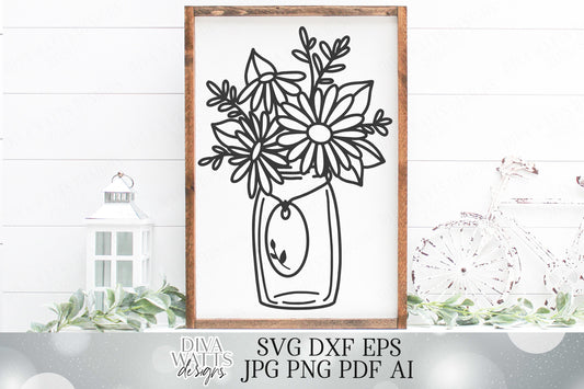 SVG | Mason Jar Daisy Floral Arrangement with Tag | Cutting File | Daisies Wall Art for Farmhouse Rustic Sign Pillow | dxf | Customize