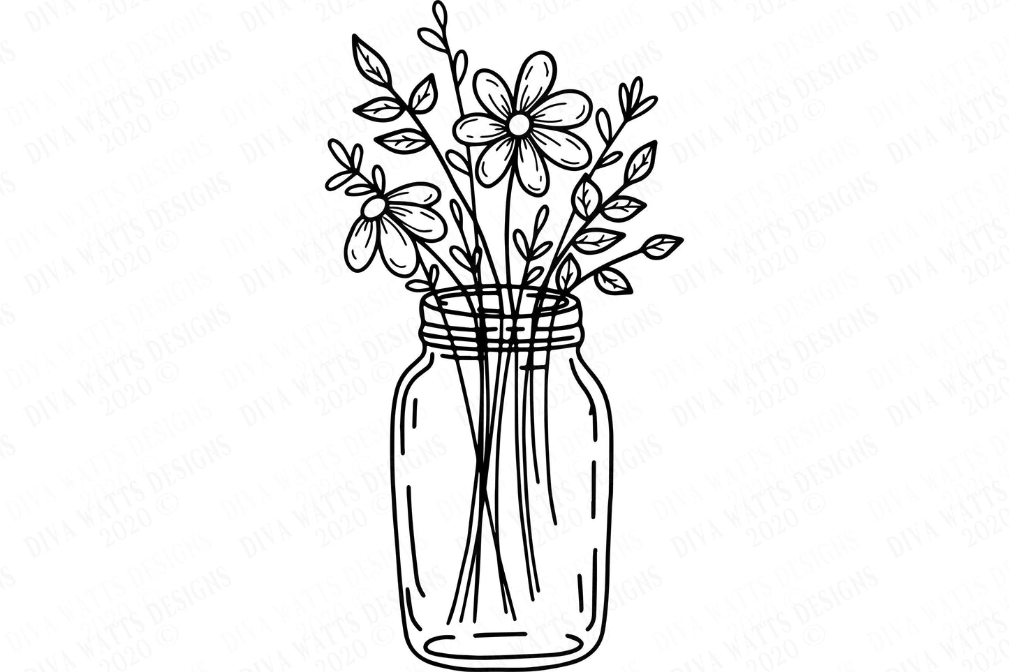 SVG | Mason Jar Daisy Bouquet | Cutting File | Farmhouse Rustic Vintage Floral | Daisies Wildflowers | Vinyl Stencil HTV | Pillow Sign dxf