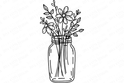 SVG | Mason Jar Daisy Bouquet | Cutting File | Farmhouse Rustic Vintage Floral | Daisies Wildflowers | Vinyl Stencil HTV | Pillow Sign dxf
