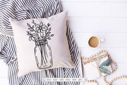 SVG | Mason Jar Daisy Bouquet | Cutting File | Farmhouse Rustic Vintage Floral | Daisies Wildflowers | Vinyl Stencil HTV | Pillow Sign dxf