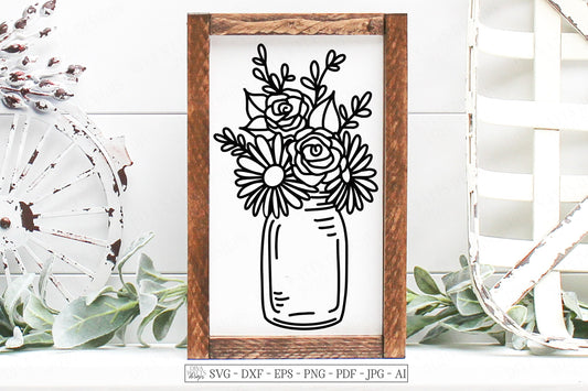 SVG | Roses & Dasies Bouquet In Mason Jar | Cutting File | Farmhouse Rustic Sign | Wall Art Decor | Vinyl Stencil HTV | dxf eps | Pillow