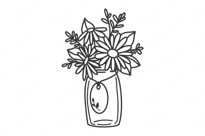 SVG | Mason Jar Daisy Floral Arrangement with Tag | Cutting File | Daisies Wall Art for Farmhouse Rustic Sign Pillow | dxf | Customize