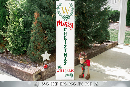 Vertical Merry Christmas Monogram and Last Name | Leaning Porch Sign | Customize | SVG DXF eps png | Digital Download