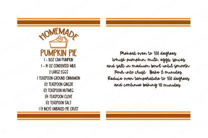 Pumpkin Pie Recipe | Fall | Autumn | Cutting File & Printable | DXF SVG | Cricut Silhouette | Farmhouse Tea Towel | Sign | Grain Sack