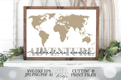 World Map | Adventure Awaits | Travel Decor | Printables and Cutting Files | SVG DXF JPG and more | Wall Art | Farmhouse Sign