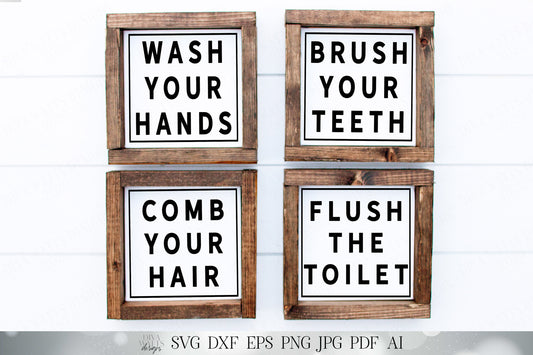 Bathroom Set | Wash Your Hands | Brush You Teeth | Comb Your Hair | Flush The Toilet | Cutting File & Printables | SVG DXF JPG