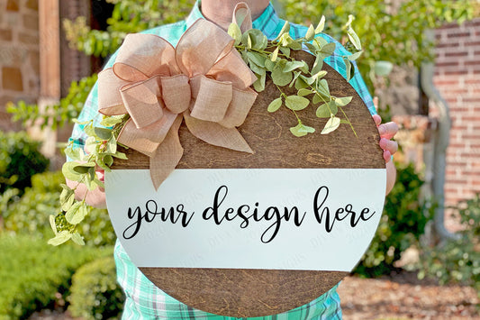 Wood Wreath Mockup | Digital Design Display | Instant Download | Wooden Wreath With Greenery and Bow Mock-up