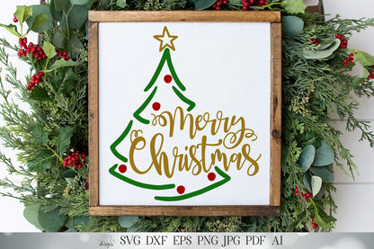 Merry Christmas | Holiday Cutting Files and Printable | Tree Silhouette with Star | Cricut SVG | Silhouette DXF and More!