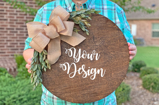 Wood Wreath Mockup | Digital Design Display | Instant Download | Wooden Stained Wreath With Greenery and Bow Mock-up
