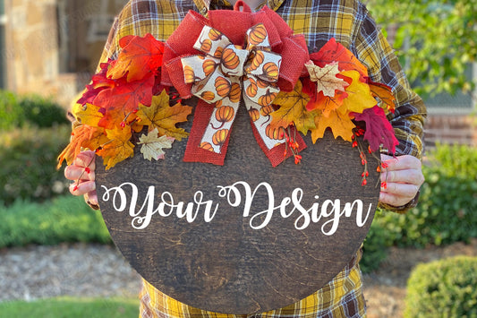 Wood Autumn / Fall Wreath Mockup | Digital Design Display | Instant Download | Wooden Stained Wreath With Greenery and Bow Mock-up