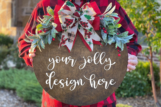 Wood Christmas Wreath Mockup | Digital Design Display | Instant Download | Wooden Stained Wreath With Greenery and Bow Mock-up