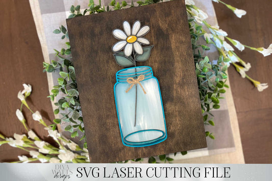 Mason Jar with Daisy Laser Cutting Design | Glowforge SVG | 3D Layered Design | Flower In Jar Cut File