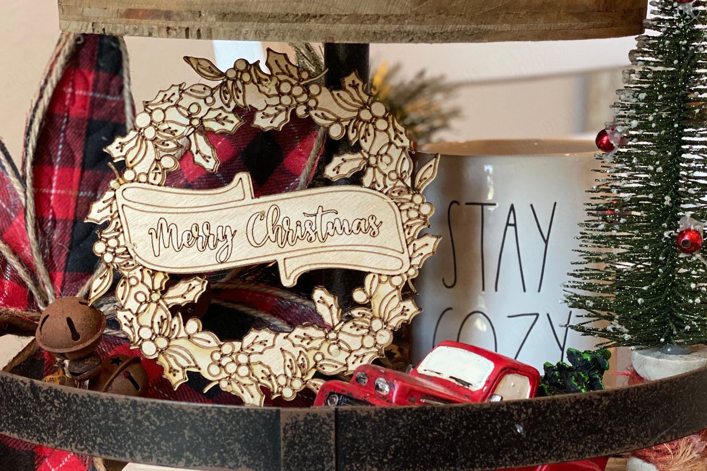 Glowforge Sign / Ornament Set for Christmas | Holly Wreath with Banner | Merry Christmas - Happy Holidays - Season's Greetings - Year