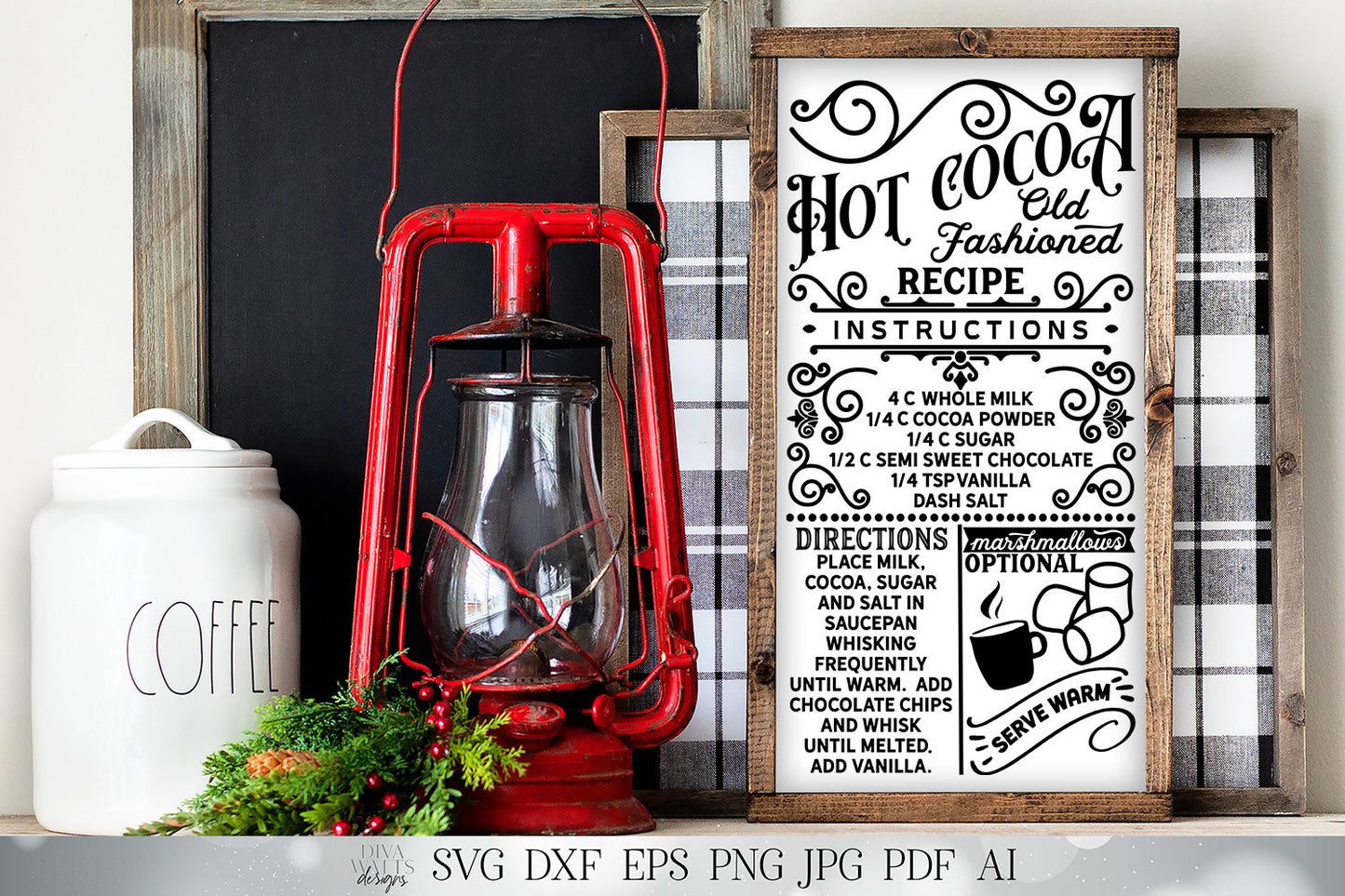 Hot Cocoa Recipe SVG | Christmas SVG | Recipe SVG | Farmhouse Sign | Kitchen Towel Design | dxf and more! | Printable