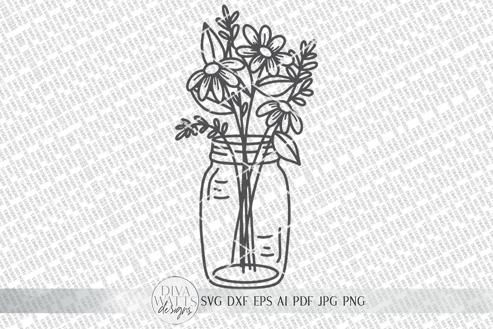 Mason Jar Daisy Arrangement SVG | Hand Drawn SVG | Farmhouse Wall Art or Sign | dxf and more