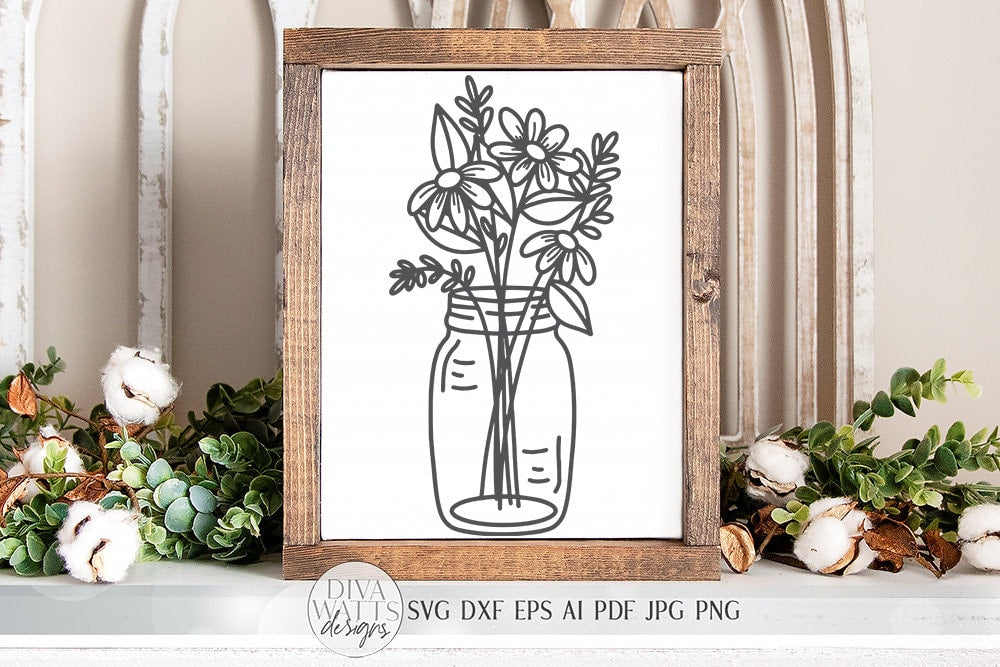 Mason Jar Daisy Arrangement SVG | Hand Drawn SVG | Farmhouse Wall Art or Sign | dxf and more