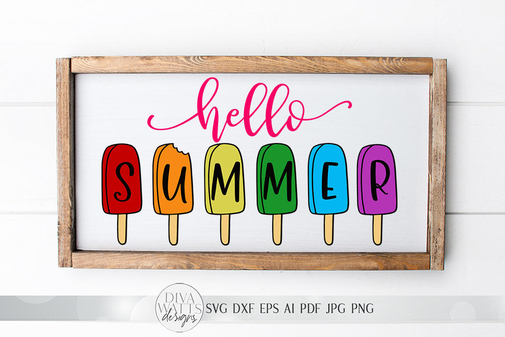 SVG | Hello Summer | Cutting File | Popsicle Popsicles | Cut File | Shirt Tote Sign | Vinyl Stencil HTV | dxf png eps jpg ai | Summertime