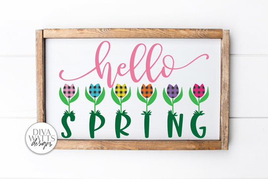 Hello Spring Buffalo Plaid Tulips SVG | Solid Version Included | Farmhouse Sign