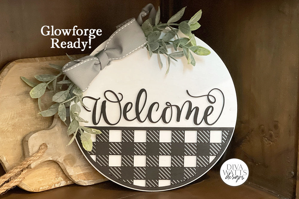 Welcome With Buffalo Plaid Half Round SVG | Glowforge Ready Round Sign Making Set | You cut!