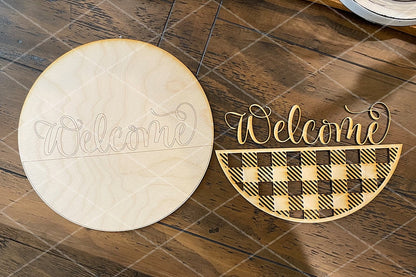 Welcome With Buffalo Plaid Half Round SVG | Glowforge Ready Round Sign Making Set | You cut!
