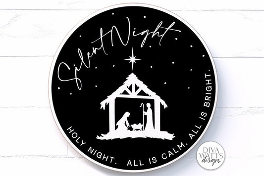 Silent Night Holy Night SVG | Christmas Nativity Scene Round Sign Design