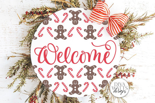 Welcome with Gingerbread and Candy Canes SVG | Christmas Round Sign Design