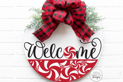 Welcome With Peppermint Round SVG | Christmas / Winter Door Hanger Design