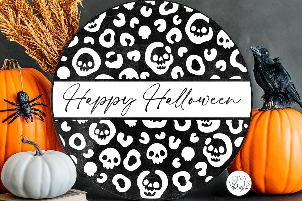 Happy Halloween SVG | Skull Leopard Print Round Design
