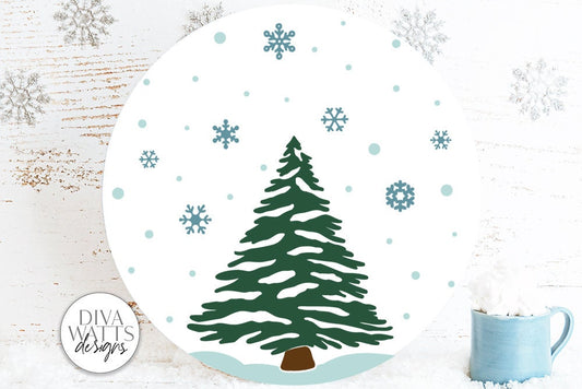 Tree With Falling Snow SVG | Christmas / Winter Round Design