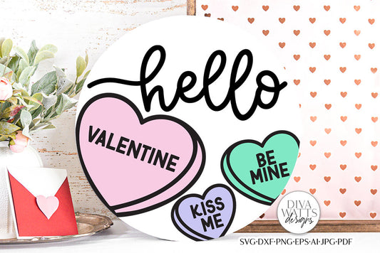 Hello Valentine SVG | Candy Hearts Valentine's Day Round Design