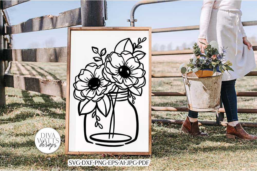 Flowers in Mason Jar Arrangement SVG | Boho Farmhouse Design