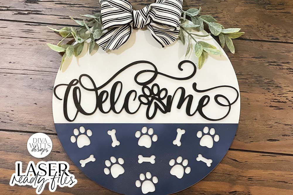 Welcome Round Glowforge SVG | Dog Pawprint & Bones Design