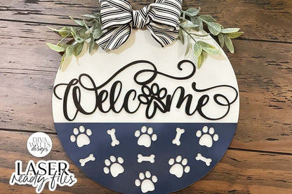 Welcome Round Glowforge SVG | Dog Pawprint & Bones Design