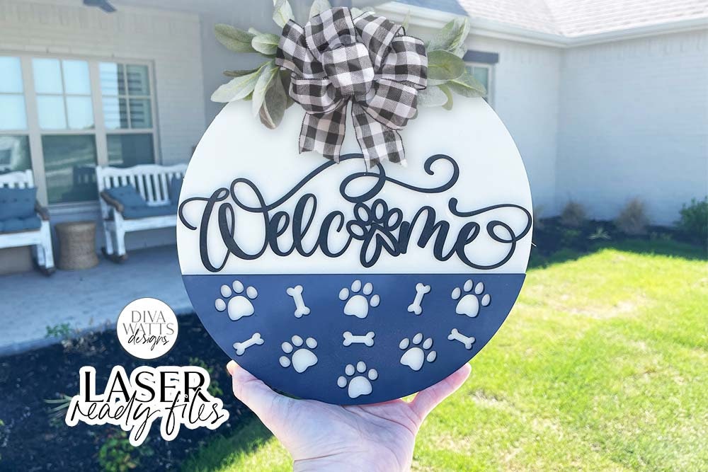 Welcome Round Glowforge SVG | Dog Pawprint & Bones Design