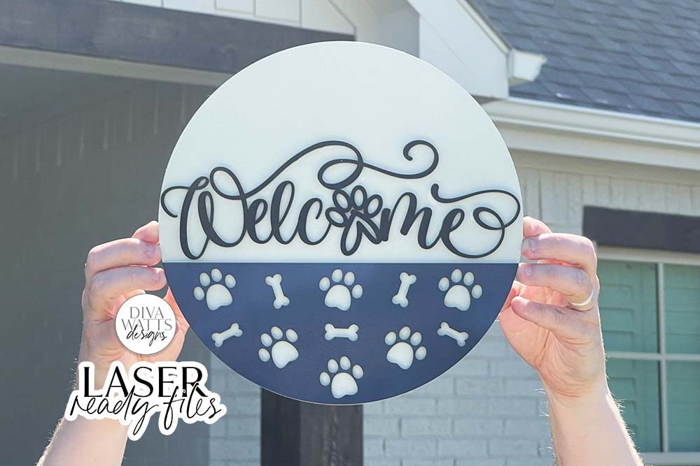 Welcome Round Glowforge SVG | Dog Pawprint & Bones Design